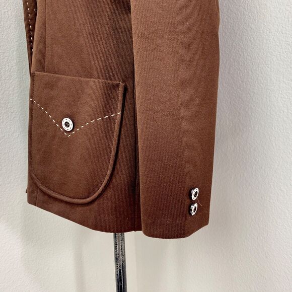 Vintage Chocolate Brown Double Polyester Jacket Blazer Med Unlined Wide Lapel - Picture 9 of 13